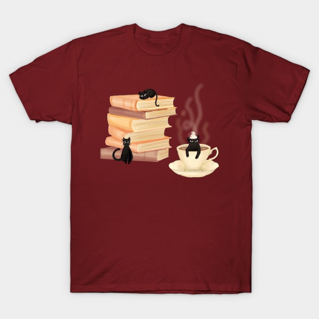 Coffee, Cats, and Books T-Shirt by rachelleybell